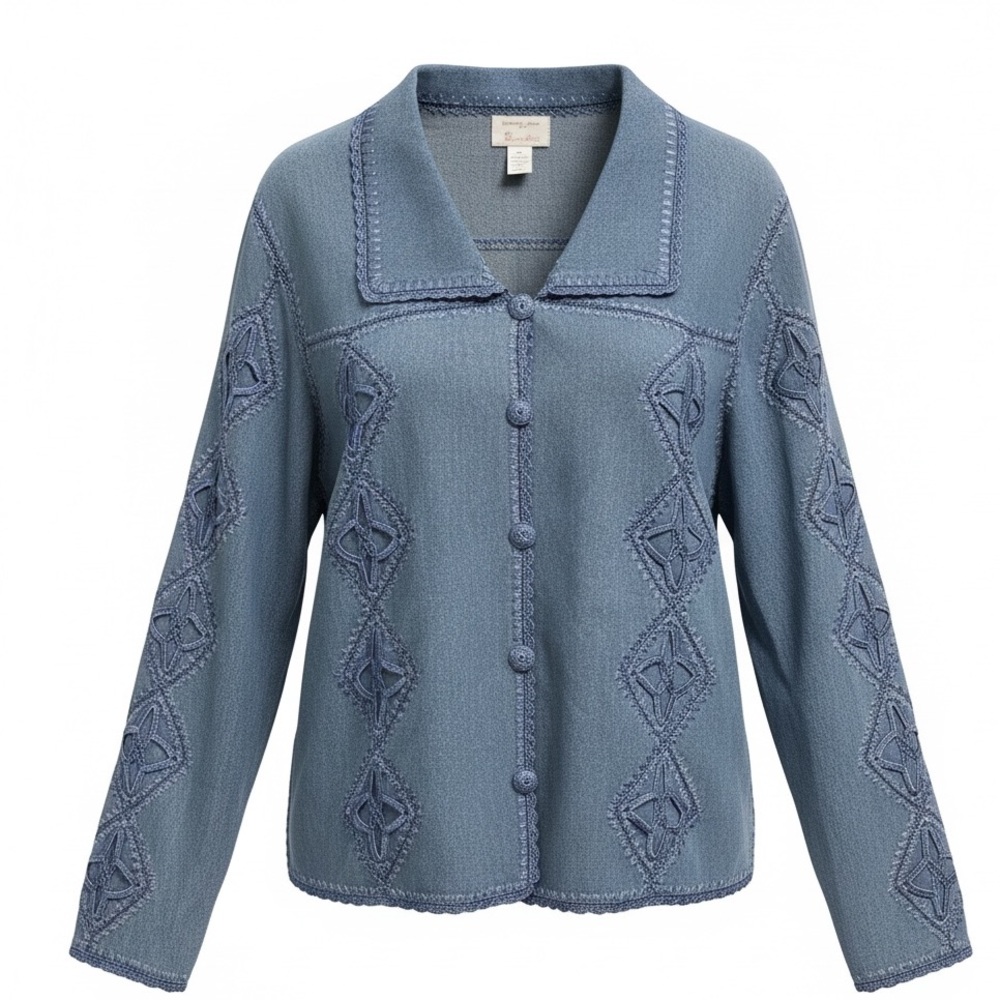 Vintage Kroshetta Blue Denim Crochet Detailing Button Front Blouse Jacket Size S
